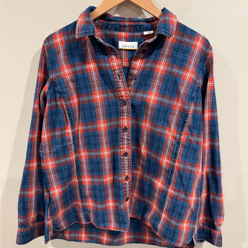 Women's Orvis Red and Blue Checkered Button Down Shirt 100% Cotton Size L